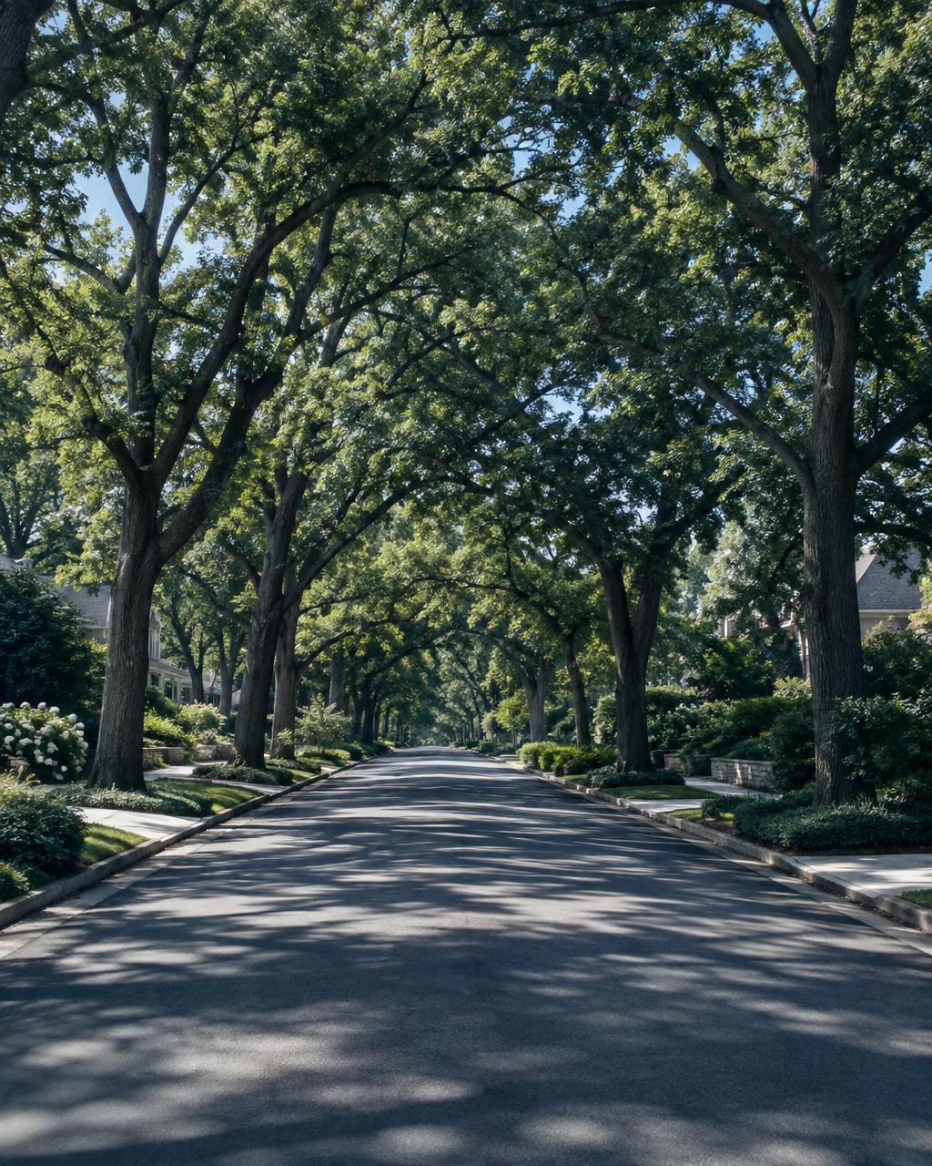 Tree-lined Atlanta residential street with well-kept homes